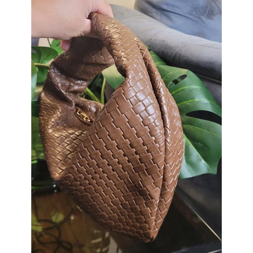MOTF Premium Vegan Leather Textured Bagette HandBag - Brown Purse - Bow Detail